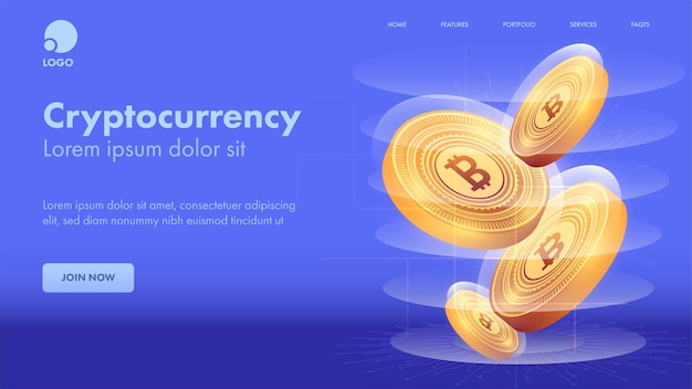Página de destino basada en el concepto de criptomoneda con bitcoins de oro 3d
