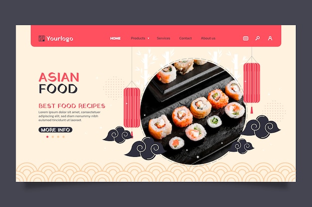 Página de destino de comida asiática sabrosa de diseño plano