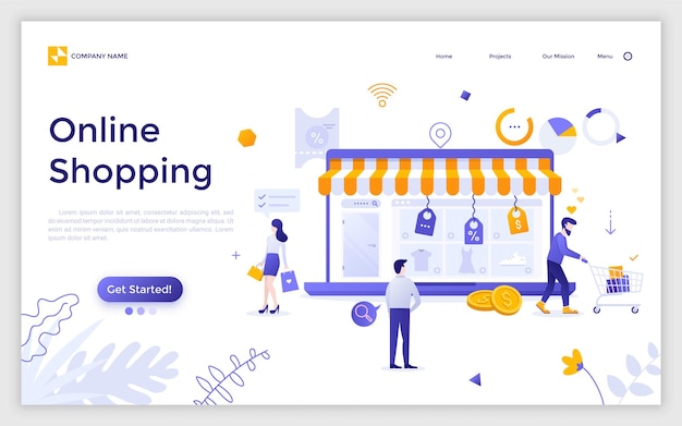 Página de destino con una computadora portátil gigante con el sitio web de la tienda de Internet en la pantalla y los clientes que compran productos y realizan compras. Las compras en línea. Ilustración de vector plano creativo para publicidad, sitio web.