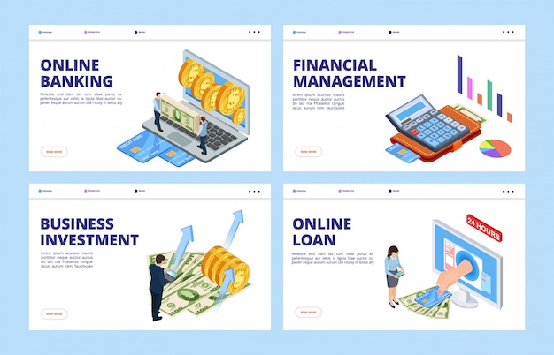 Página de destino financiera. Plantilla de banners vectoriales de negocios y finanzas, banca en línea, gestión financiera, inversión y crédito