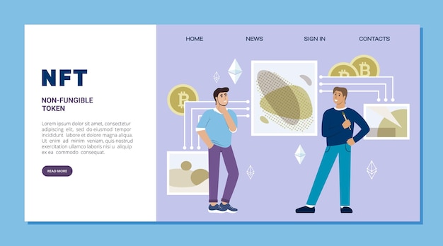 Página de destino de Nft para la plantilla web de vector de concepto financiero del protocolo blockchain de cripto token de arte digital