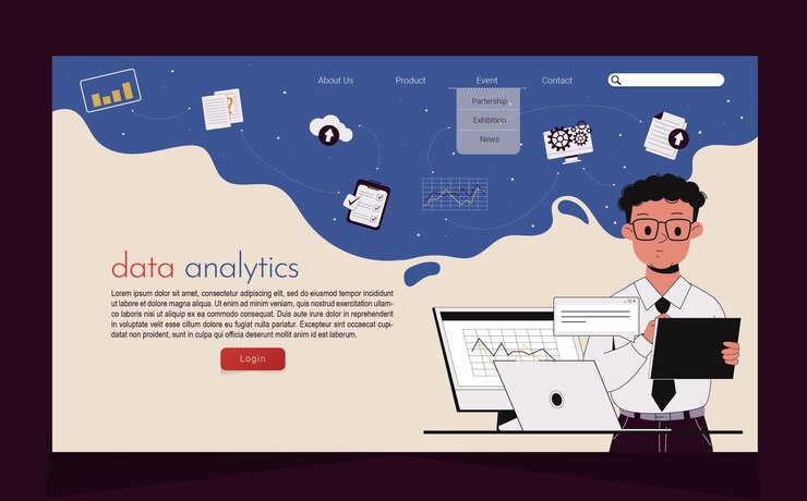 Vector página de destino con oficinista masculino analizando datos digitales