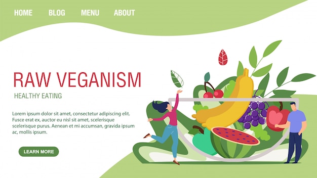 Vector página de destino plana que promueve el veganismo de los alimentos crudos