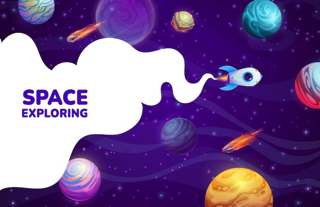 Página de destino con planetas de cohetes espaciales de dibujos animados