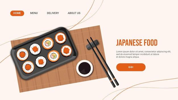 Página de destino del restaurante de comida asiática con ilustración de rollos en una servilleta de bambú con palillos comida japonesa vector