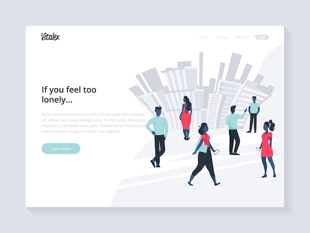 Página de destino para el sitio web de citas con personas solitarias caminando por la ciudad