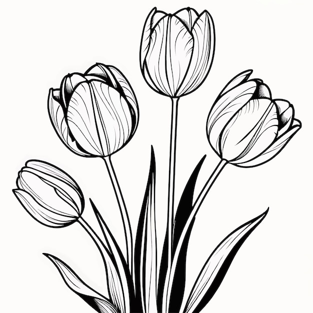 Página digital para colorear con el contorno de la flor del tulipán para niños y adultos