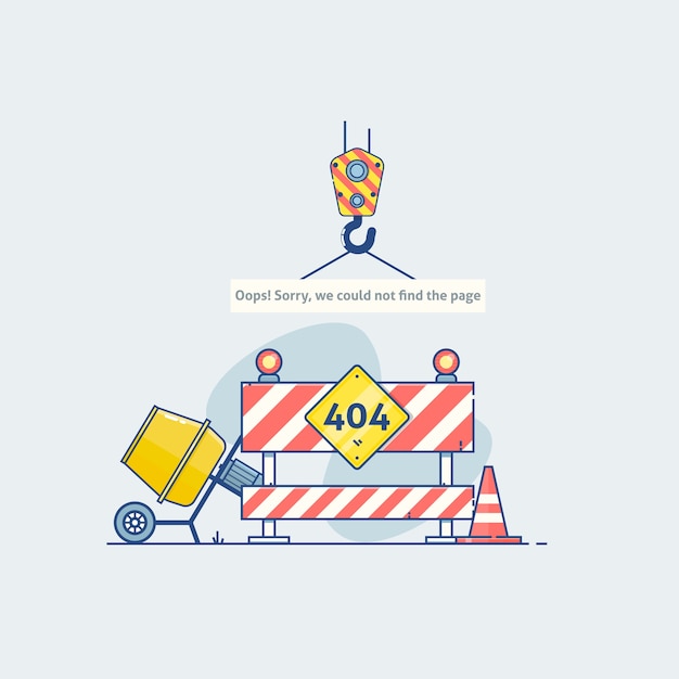 Vector página de error 404 con signos de construcción de carreteras. se perdió la página y no se encontró el mensaje. plantilla para página web con error 404. diseño de línea moderna.