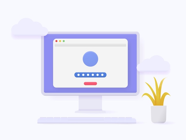 Página de formulario de inicio de sesión y contraseña de cuenta de computadora 3d en la pantalla. concepto de página de autenticación de inicio de sesión.