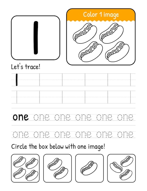 Página de hoja de trabajo interior del libro de calco de palabras y números uno con actividades para colorear y contar