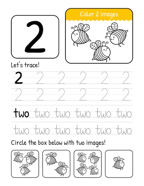 Página de hoja de trabajo interior del libro de calco de palabras y números dos con actividades para colorear y contar