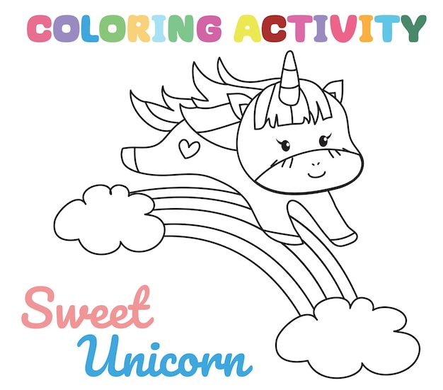 Página de hoja de trabajo de unicornio para colorear Actividad divertida para niños Hoja de trabajo para colorear imprimible educativa