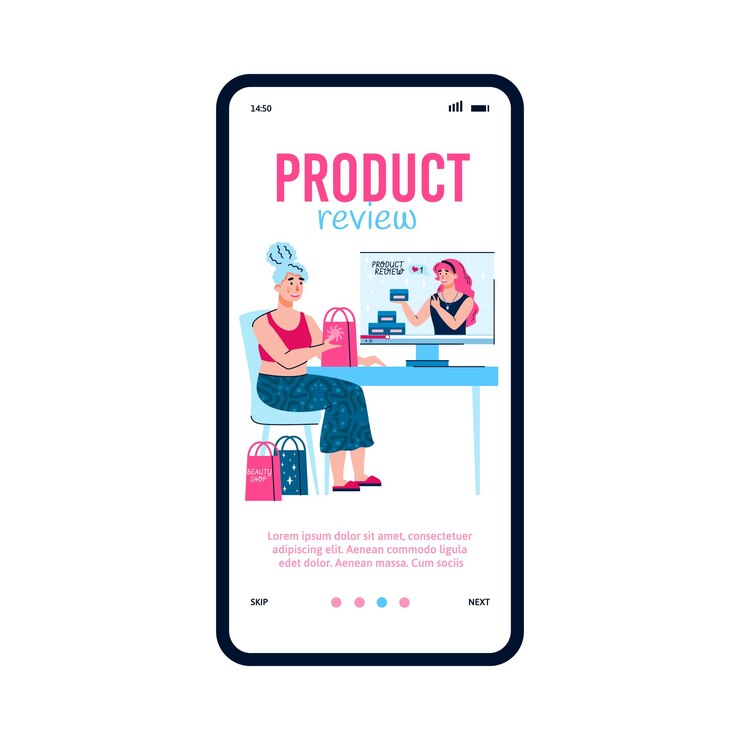 Vector página de incorporación para la ilustración de vector de dibujos animados de revisión de producto cosmético aislado