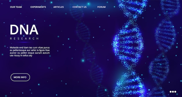 Página de inicio de adn. plantilla de página web de ingeniería genética. ilustración investigación médica adn, ingeniería genética