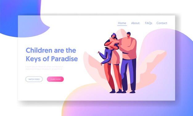 Página de inicio amorosa feliz para padres e hijos. Mother Cuddle Carry Son Sitio web o página web. Hombro sonriente de la esposa del asimiento del padre. Hombre mujer y niño niño. Ilustración de vector de dibujos animados plana