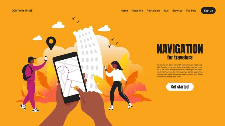 Vector página de inicio de la aplicación de viajes. concepto de aplicación de teléfono inteligente con mapa y ruta, página web con interfaz de usuario de navegación. ilustraciones de plantillas vectoriales navegando para viajero urbano