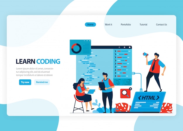 página de inicio para aprender programación y codificación. Desarrollo de aplicaciones con un lenguaje de programación simple. Ilustración plana