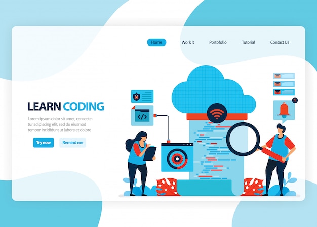 página de inicio para aprender programación y codificación. Desarrollo de aplicaciones con un lenguaje de programación simple. Ilustración plana