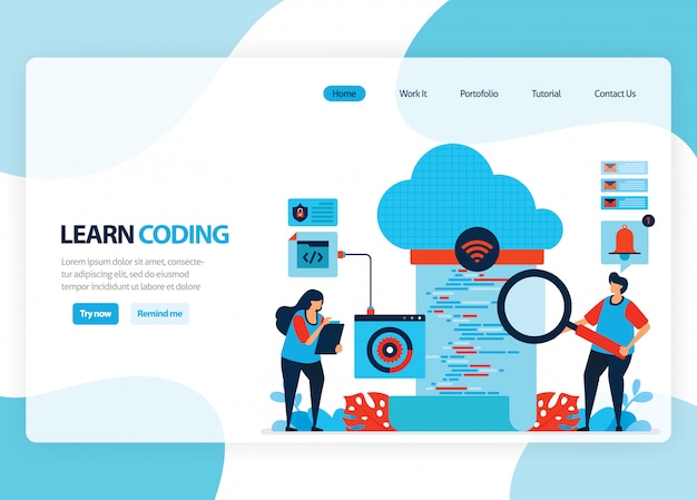 Página de inicio para aprender programación y codificación. desarrollo de aplicaciones con un lenguaje de programación simple. ilustración plana