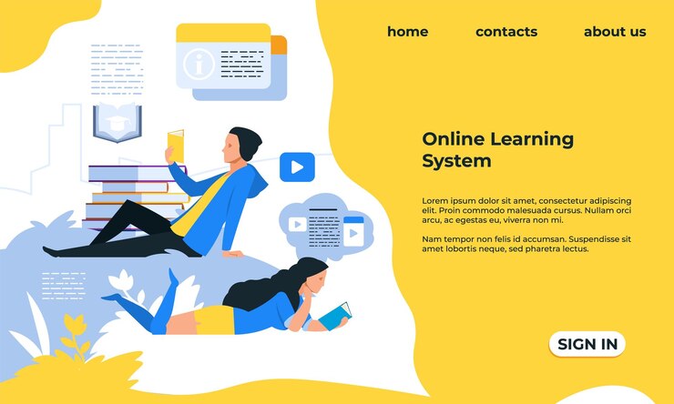 Vector página de inicio de aprendizaje en línea educación a distancia estudiando con tecnologías inteligentes maqueta de diseño de interfaz de usuario de sitio web con texto y botones servicio web para biblioteca y plantilla de vector de cursos