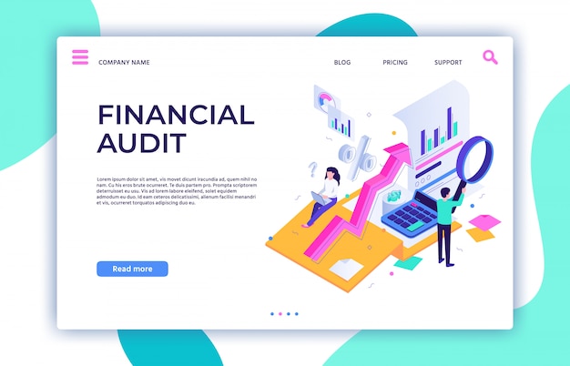 Página de inicio de auditoría financiera. Gestión de impuestos, servicio de consultoría de negocios e ilustración isométrica de contabilidad financiera