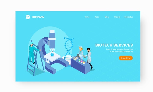 Página de inicio basada en servicios biotecnológicos de científicos que realizan investigaciones en laboratorio y estructura de ADN
