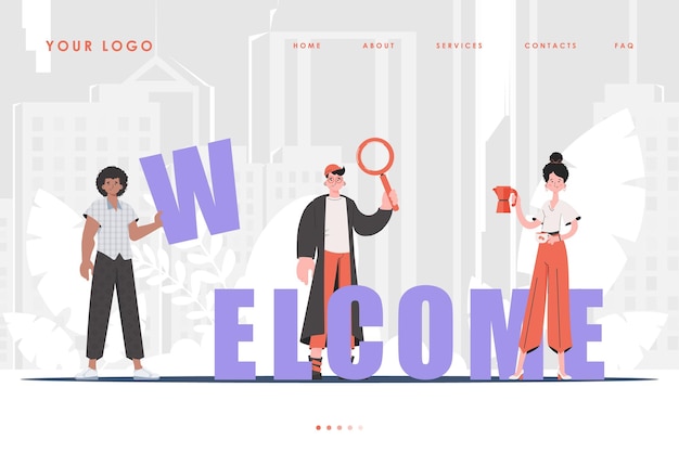 Página de inicio de bienvenida equipo diverso de personas página de inicio para su sitio web personaje de dibujos animados de moda vector