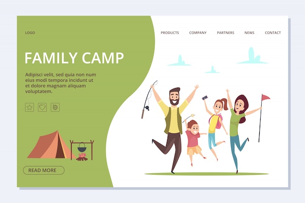 Página de inicio del campamento familiar. familia feliz de dibujos animados, banner de tiempo de aventura