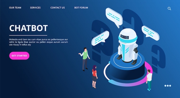 Página de inicio de chatbot. robot ai isométrico con personas. banner de web de vector de inteligencia artificial