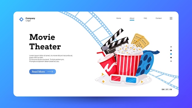 Página de inicio de cine Realización de películas y boletos de cine reserva de diseño de página web con boleto de cámara iconos de badajo de bobina de megáfono Ilustración de sitio web de vector