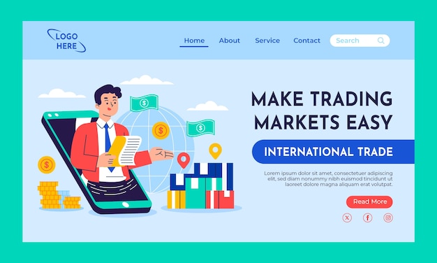 Página de inicio de comercio internacional de diseño plano