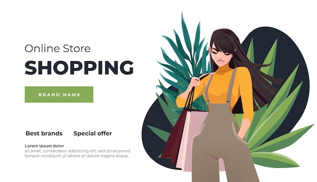 Página de inicio de compras en línea y banner Chica con regalos de paquetes de compras