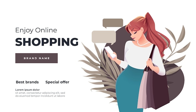 Página de inicio de compras en línea y banner Chica con regalos de paquetes de compras