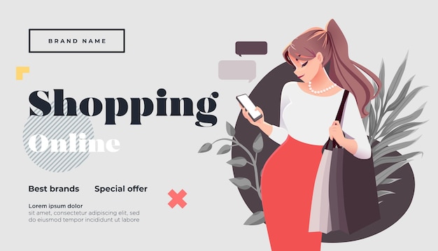 Página de inicio de compras en línea o plantilla de banner Chica con paquetes de compras