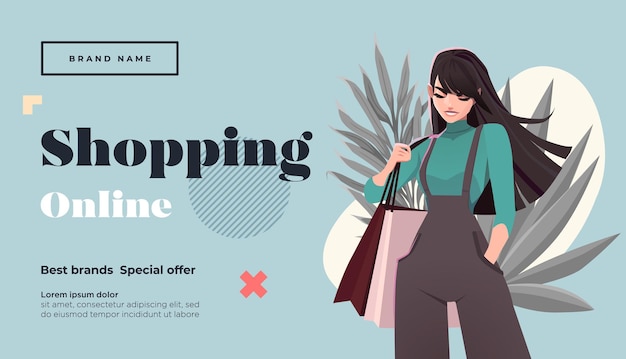 Página de inicio de compras en línea o plantilla de banner Chica con paquetes de compras