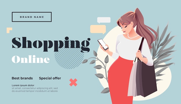 Página de inicio de compras en línea o plantilla de banner Chica con paquetes de compras