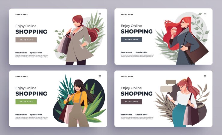 Vector página de inicio de compras en línea o plantillas de banner chicas con paquetes de compras