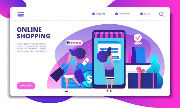 Vector página de inicio de compras en línea. personas con smartphone haciendo pagos por internet en la tienda en línea. diseño de sitio web o aplicación vectorial