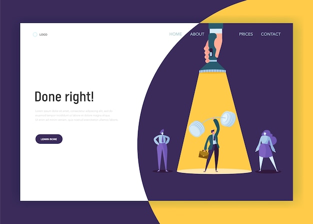 Página de inicio del concepto de idea creativa de liderazgo de contratación. Mano con linterna apuntando al carácter de empresario fuerte. Sitio web o página web de recursos humanos. Ilustración de vector de dibujos animados plana