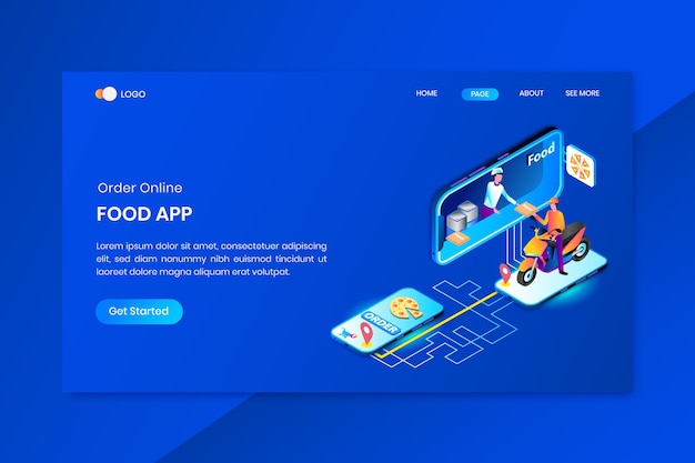 Página de inicio del concepto isométrico de la aplicación de alimentos