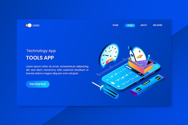 Página de inicio del concepto isométrico de la aplicación de herramientas