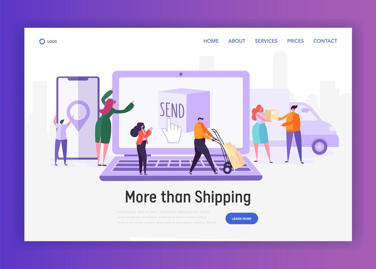 Vector página de inicio del concepto de servicio de envío rápido en todo el mundo de compras en línea. paquete de envío y recepción de caracteres de personas. sitio web o página web de smart logistic. ilustración de vector de dibujos animados plana