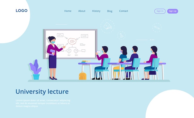 Vector página de inicio de la conferencia universitaria en condiciones seguras