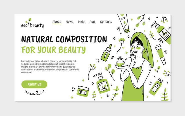 Vector página de inicio de cosmética ecológica natural con mujer