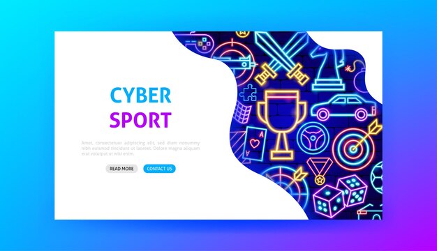 Página de inicio de cyber sport neon. ilustración de vector de promoción de juegos de computadora.