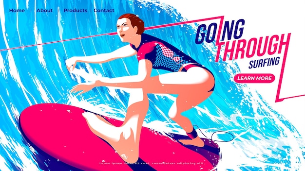 La página de inicio del deporte de surf de la mujer surfista está montando la tabla de surf a través del túnel de la gran ola con determinación.