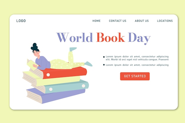 Página de inicio del Día Mundial del Libro Mujer acostada en libros y leyendo un libro