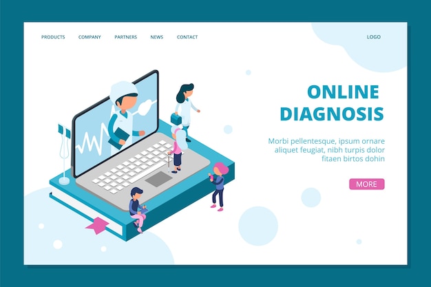 Página de inicio de diagnóstico en línea. plantilla web en línea médico isométrico. medicina, concepto de salud con personas. ilustración de diagnóstico isométrico, comunicación de consultor de isometría