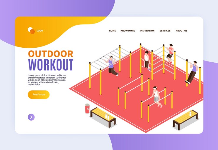 Vector página de inicio de dibujos animados isométricos de entrenamiento al aire libre