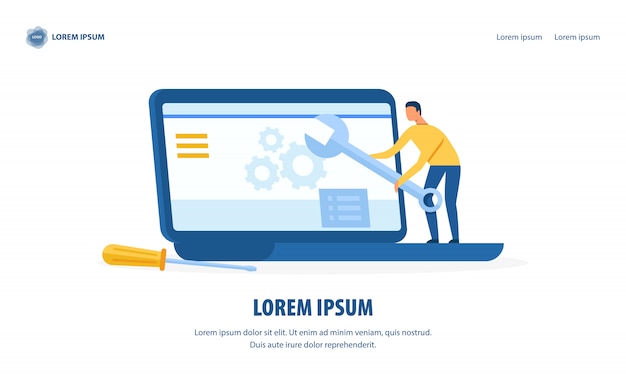 Vector página de inicio de diseño de servicio y reparación de computadoras